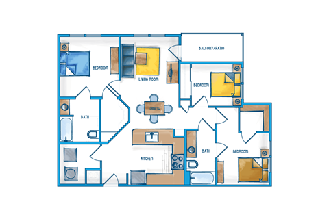 Floor plan for 3 beds, 2 baths, 1110 sqft
